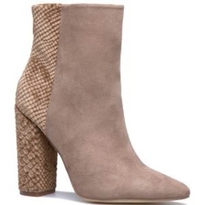Taupe Faux Snakeskin/Suede Block Heel Bootie